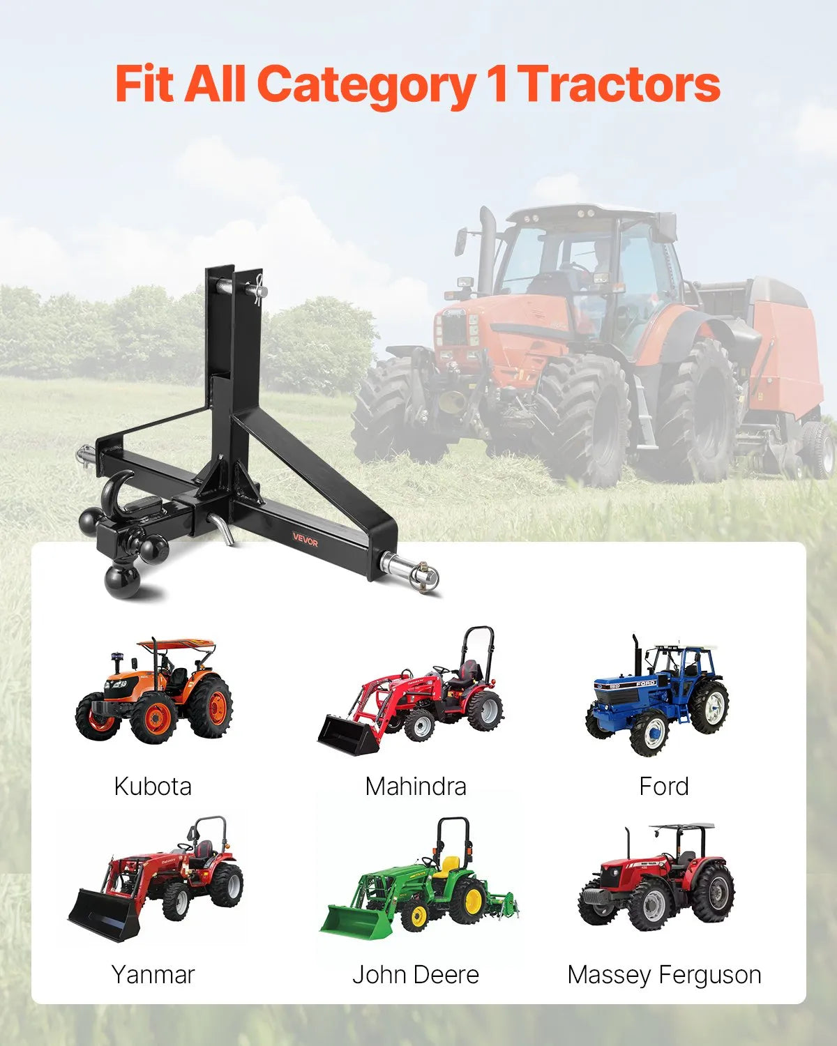 VEVOR 3 Point 2 in Trailer Hitch Receiver Tractor Drawbar Adapter Heavy Duty