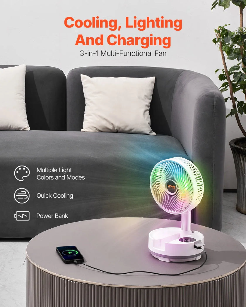VEVOR 8 inch Foldable Rechargeable Oscillating Fan 3 in 1 Remote 8 Speeds