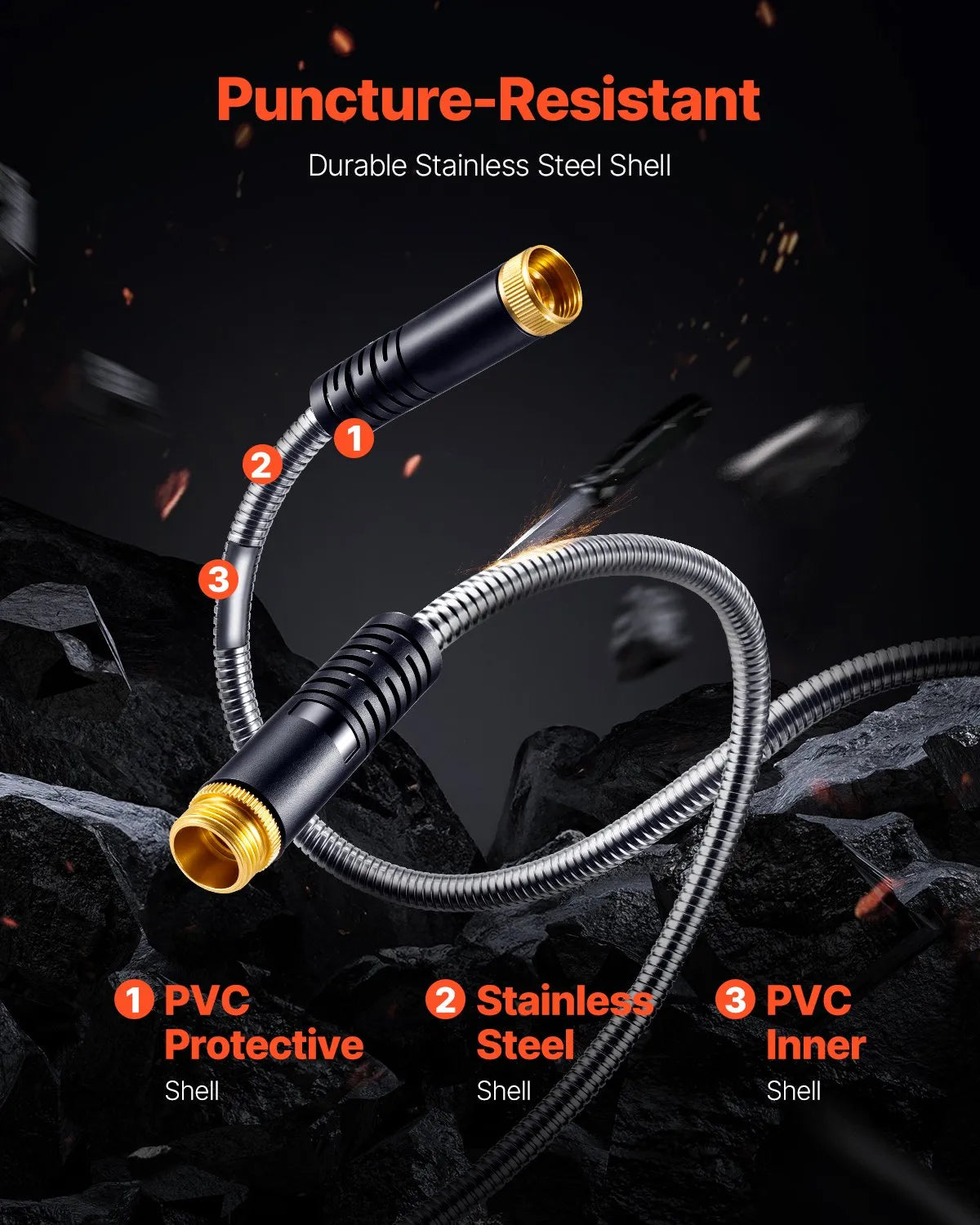 VEVOR 75ft Metal Garden Hose Stainless Steel Water Hose Lightweight No Kink