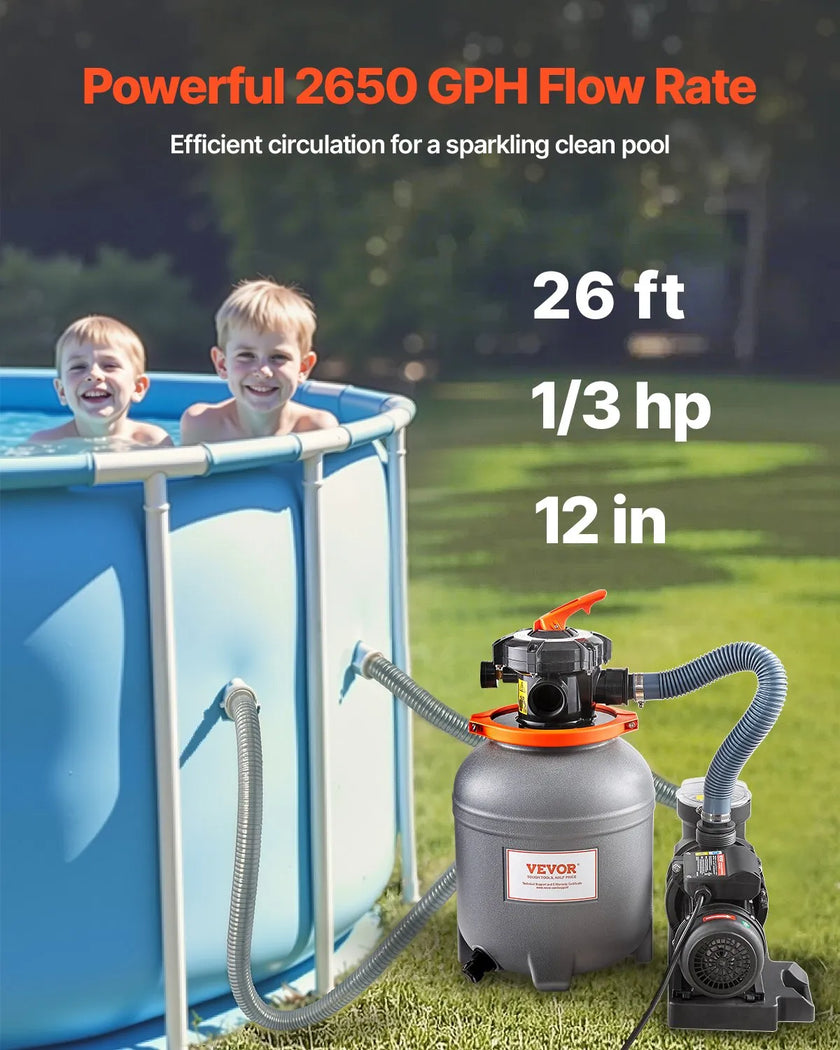 VEVOR 12 in Sand Filter Pump for Above Ground Swimming Pools 1/3 HP 2650 GPH