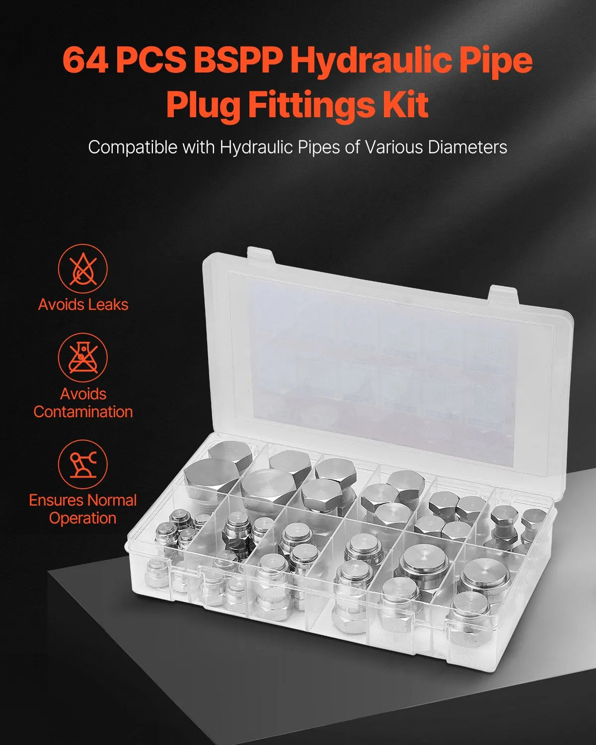 VEVOR 64 PCS BSPP Hydraulic Fitting Galvanized Cap & Plug Assortment Adapter Kit