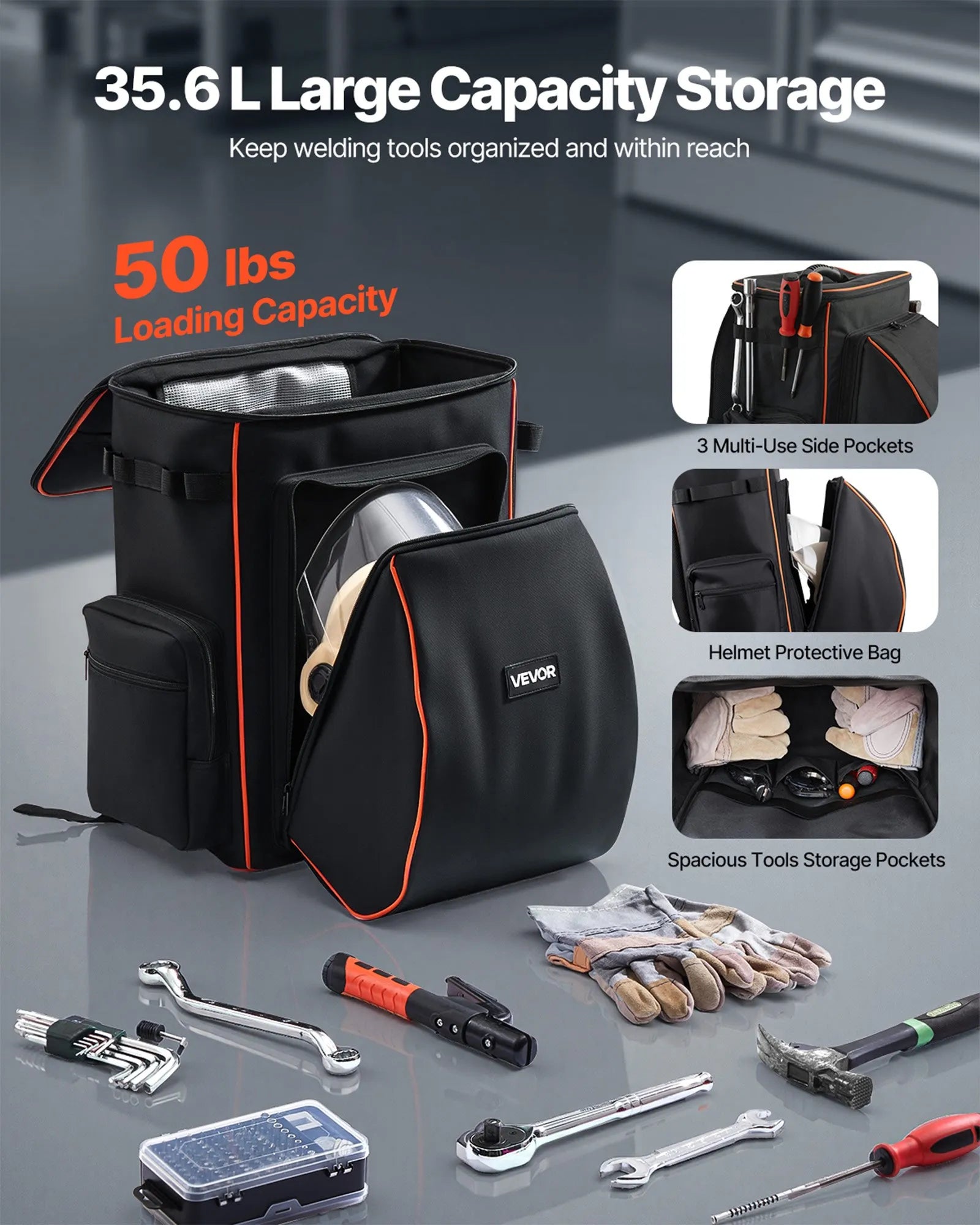 VEVOR 33L Welding Backpack 600D Polyester Welder Backpack for Tools and Helmet