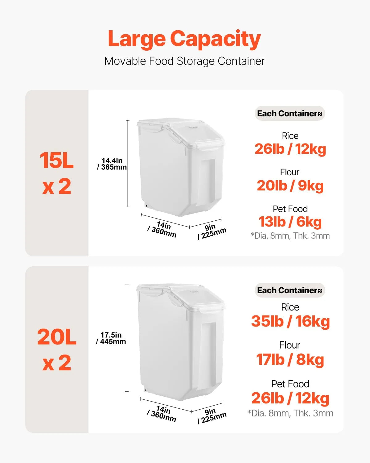VEVOR 3.5Galx2 + 4.5Galx2 Ingredient Storage Container Airtight Kitchen Bin