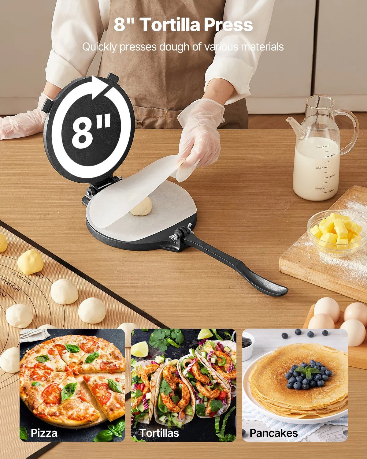 VEVOR 8 Inch Tortilla Press Chapati Maker Roti Dough Maker Heavy Duty Cast Iron