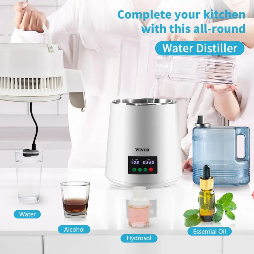 VEVOR 1.1Gal Water Distiller, 0.3Gal/H, 750W Distilled Water Maker Machine 0-99H Timing Set Temp Display, 304 Stainless Steel Countertop Distiller Glass Carafe Cleaning Powder 3 Carbon Packs, White