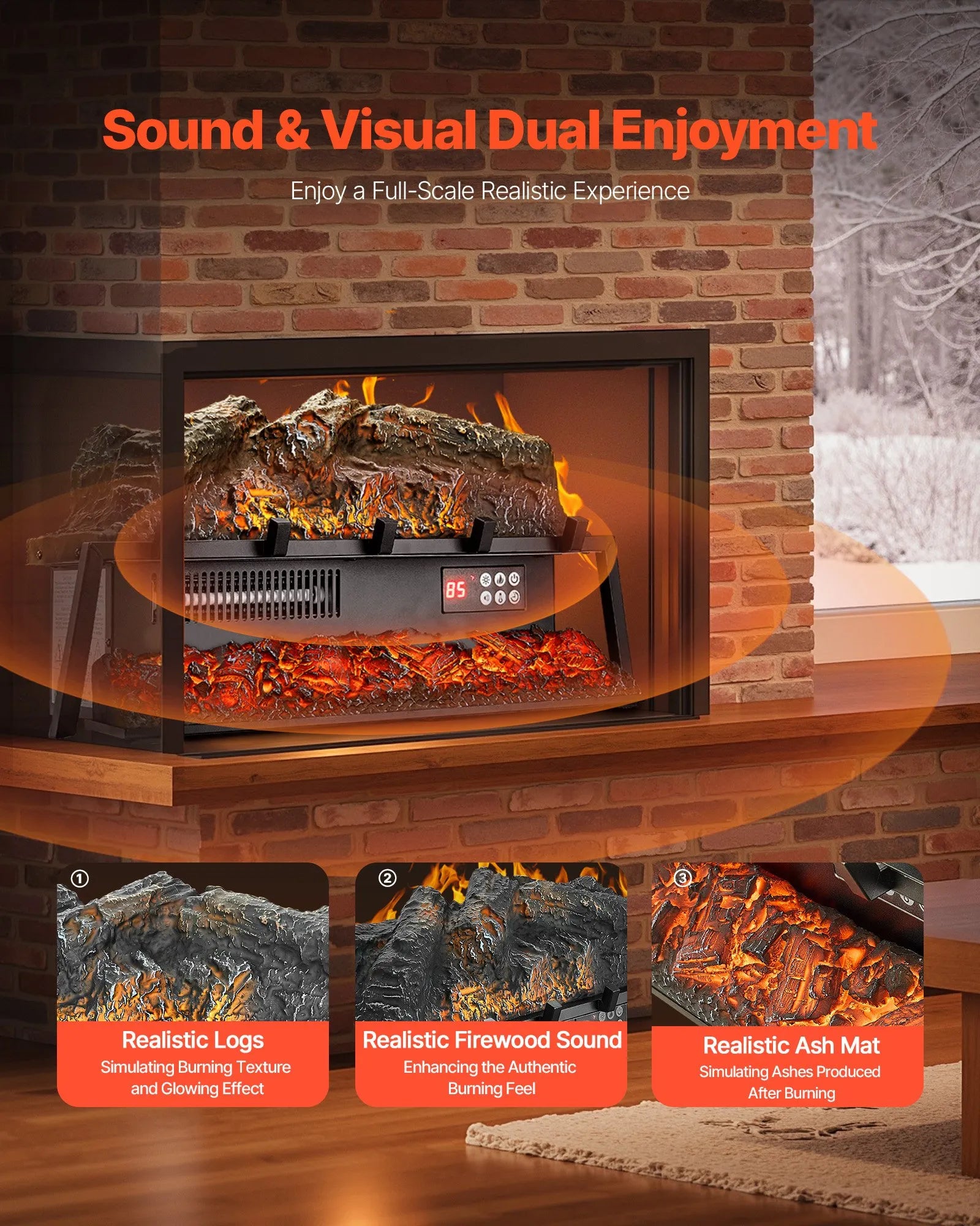 VEVOR 25 Inch Electric Fireplace Log Heater with Crackling Sound Timer Remote