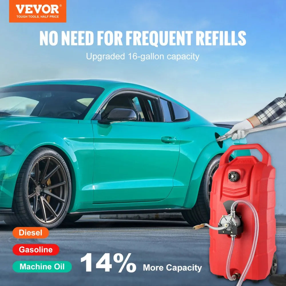 VEVOR 16 Gallon Fuel Caddy, 7.8 L/min, Portable Gas Storage Tank Container with Hand Pump Rubber Wheels, Fuel Transfer Storage Tank for Gasoline Diesel Machine Oil Car Mowers Tractor Boat Motorcycle