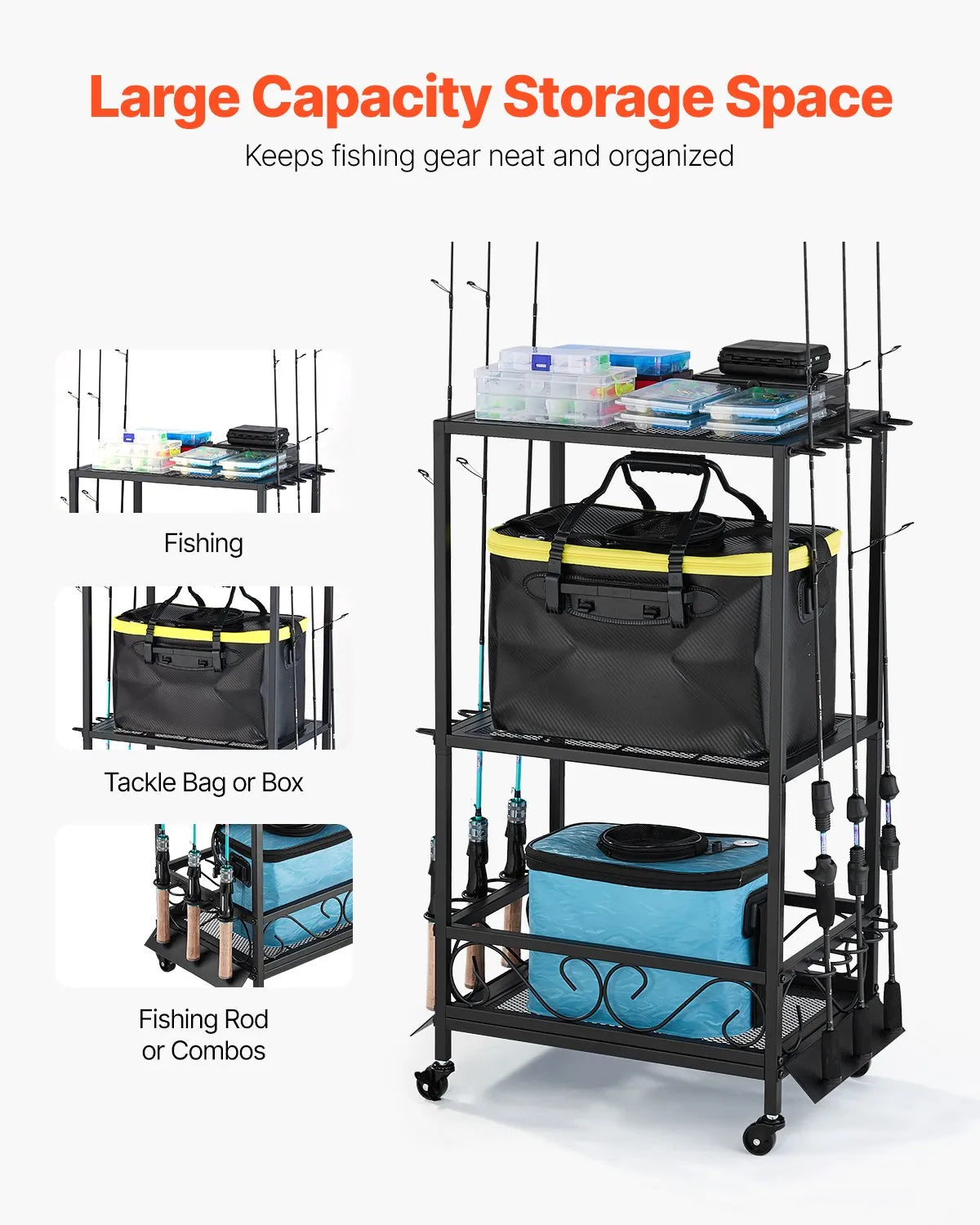 VEVOR 10 Pole Fishing Rod Holder Fishing Rack Cart Organizer for Garage Wheels