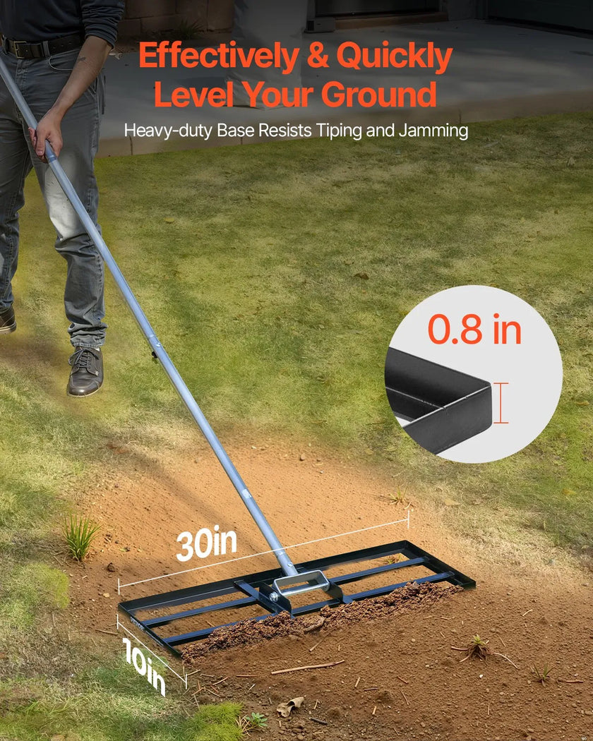 VEVOR 10x30in Lawn Leveling Rake 83.9 in Adjustable Handle for Yard Golf Court