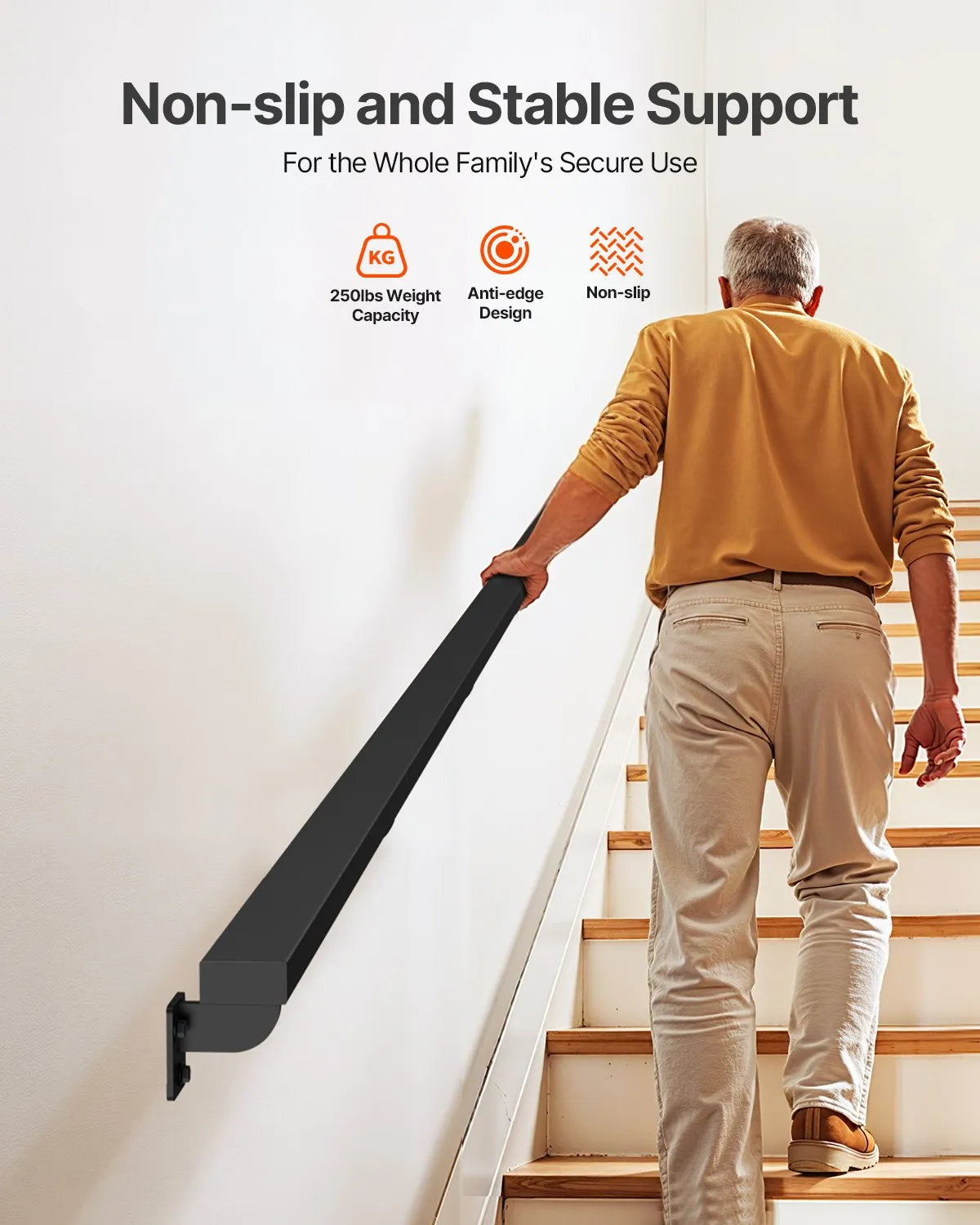 VEVOR 15ft Wall Mounted Stair Handrail Black Aluminum 250lbs Load Capacity