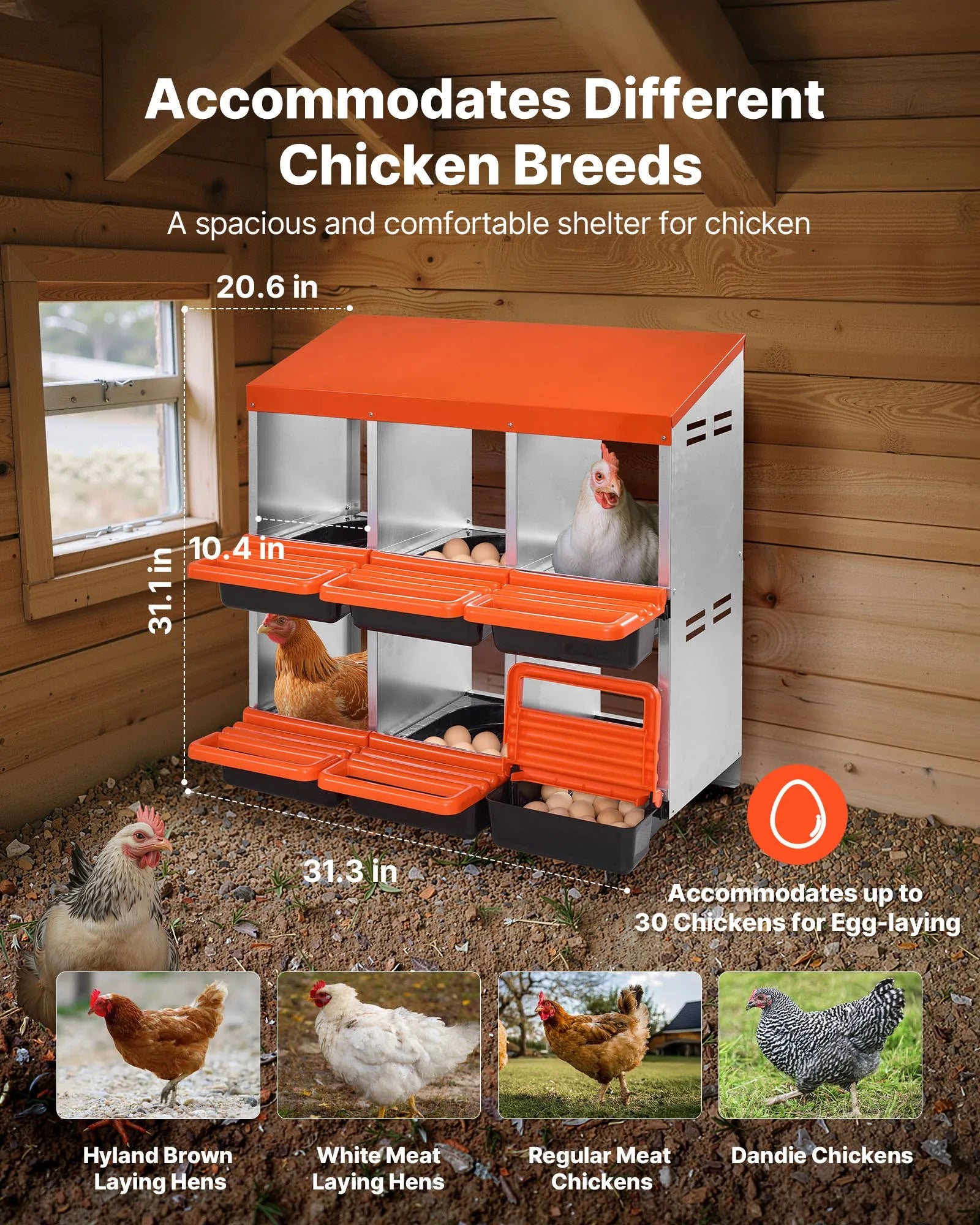 VEVOR 6-Compartment Chicken Nest Box Mental Box with Inclined Nesting Boxes