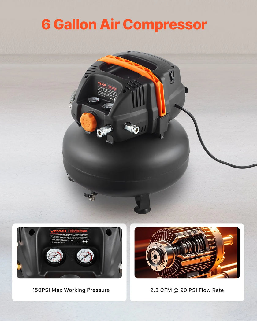 VEVOR 6 Gallon Air Compressor 1.7HP 2.3CFM @ 90PSI with 12-Piece Accessory Kit