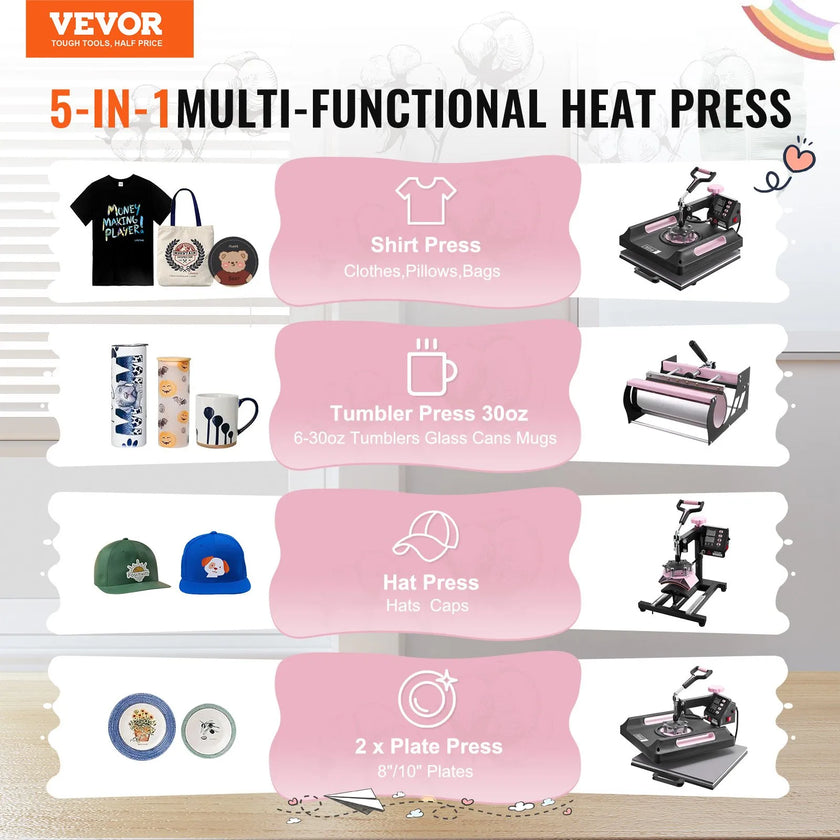 VEVOR 8 in 1 Heat Press Machine 15x15 in 30oz Tumbler Press T-Shirts Black