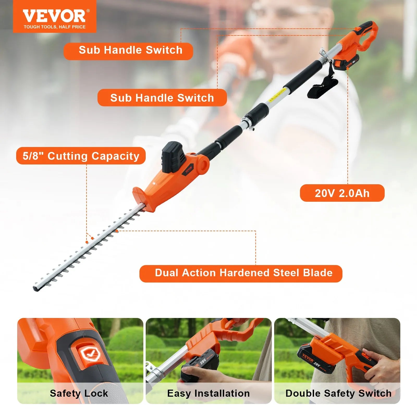 VEVOR 20V Cordless Hedge Trimmer, 18 inch Double-edged Steel Blade, Pole Hedge Trimmer Kit 20V Battery, Fast Charger Included, 74