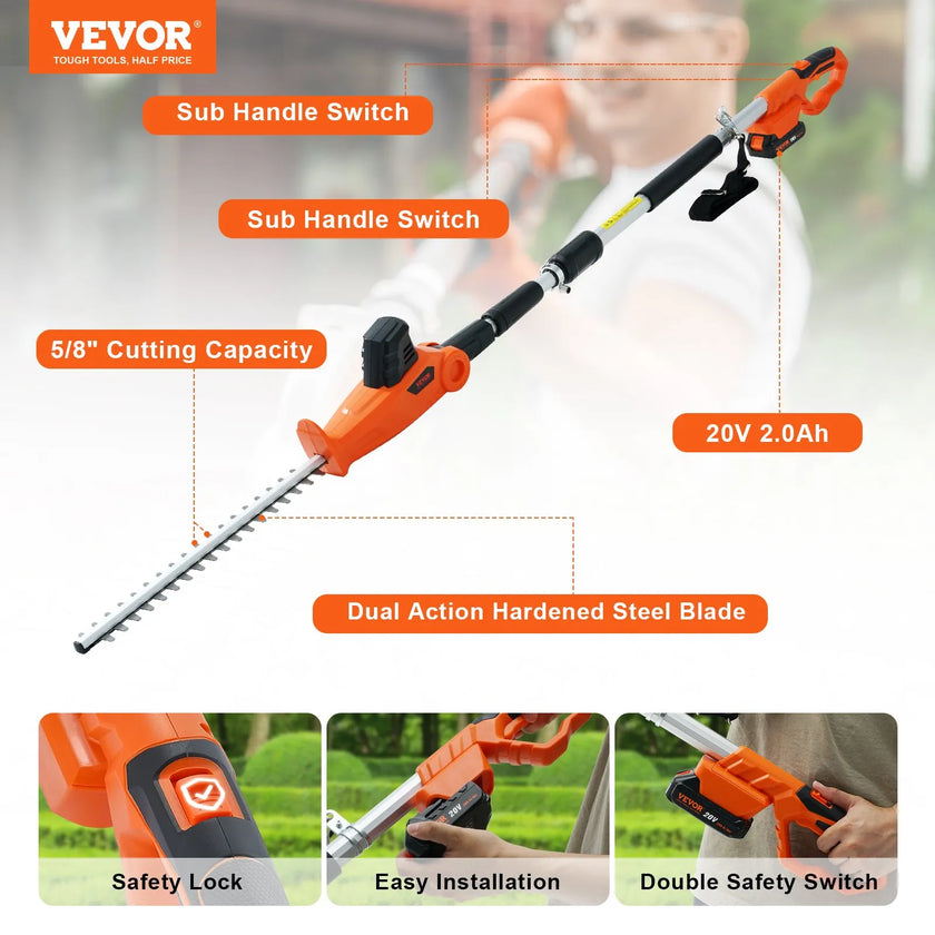 VEVOR 20V Cordless Hedge Trimmer, 18 inch Double-edged Steel Blade, Pole Hedge Trimmer Kit 20V Battery, Fast Charger Included, 74