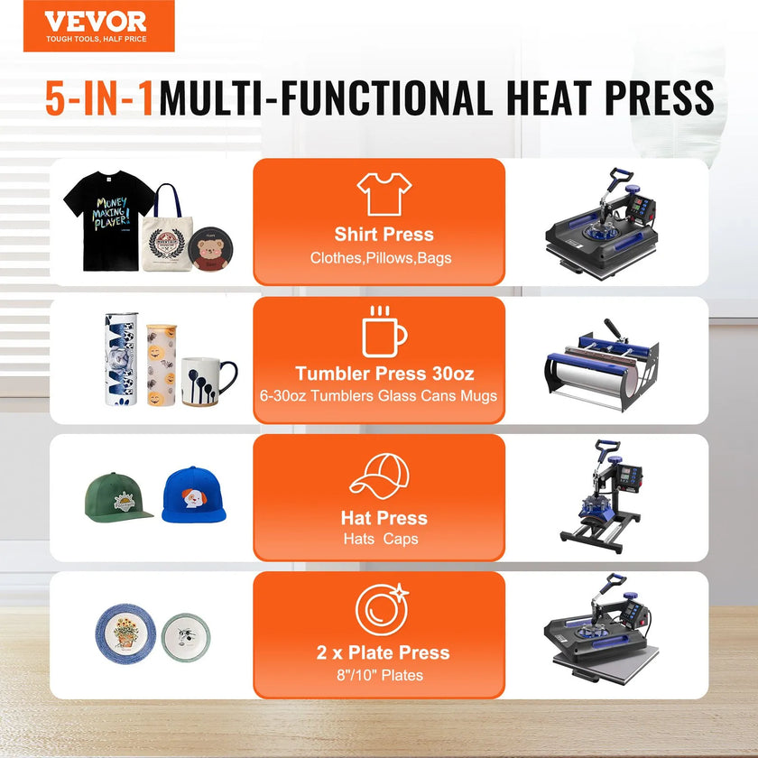VEVOR 5 in 1 Heat Press Machine 15x15 in 30oz Tumbler Press T-Shirts Black+Blue