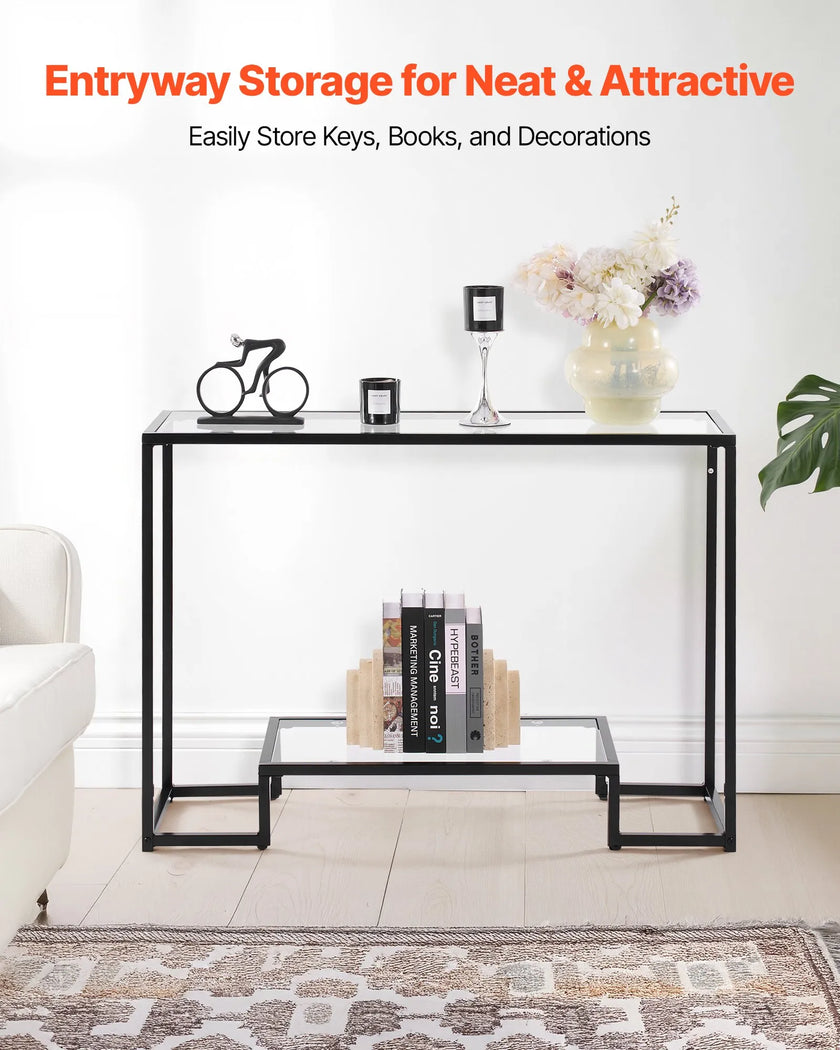 VEVOR 2-Tier Glass Console Table Rectangle Sofa Side Table with Anti-Tip Black
