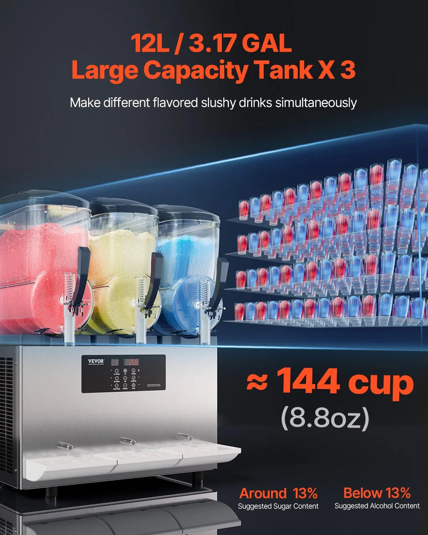 VEVOR 12Lx3 Tank Commercial Slushy Machine Margarita Smoothie Frozen Drink Maker