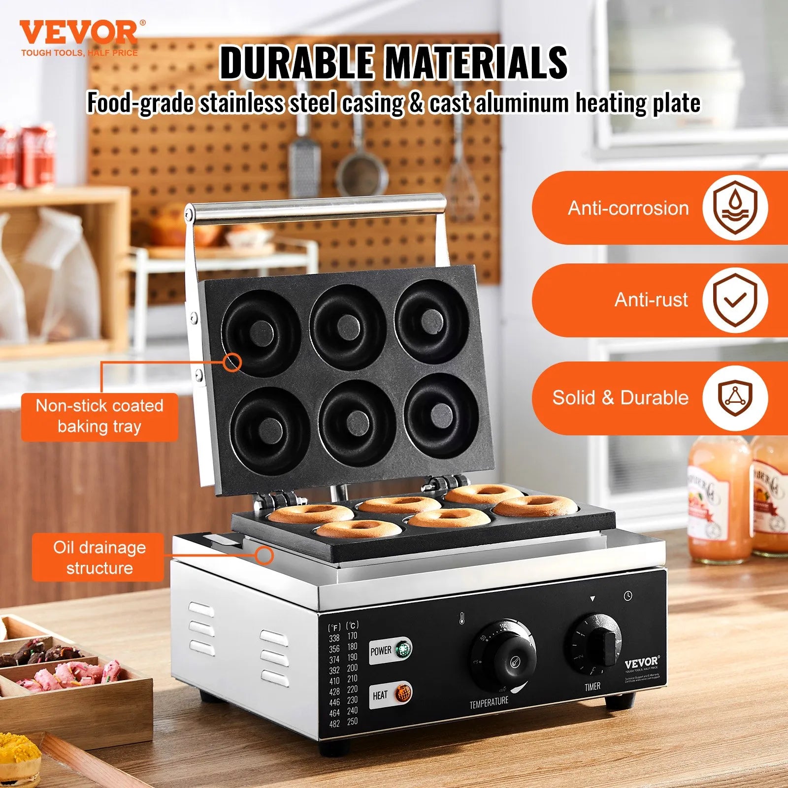 VEVOR 6pcs Electric Donut Maker Commercial Donut Making Machine 1550W Nonstick