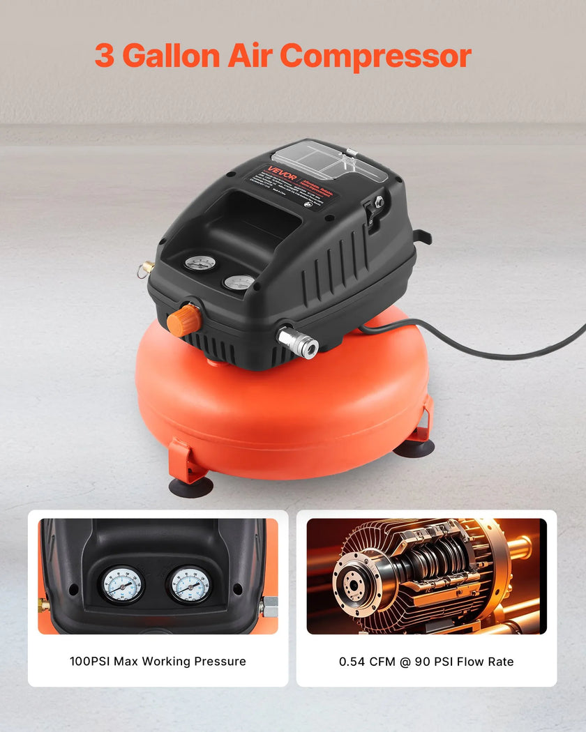 VEVOR 3 Gallon Air Compressor 1/3HP 0.54CFM@90PSI & 100PSI Max Working Pressure