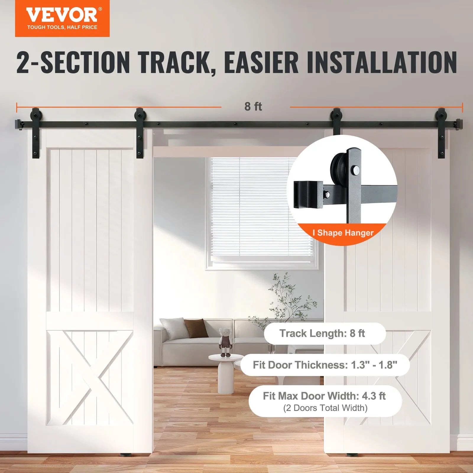 VEVOR 8FT Sliding Barn Door Hardware Kit, 330LBS Heavy Duty Barn Door Track Kit for Double Doors, Fit 3.7-4.3FT Total Wide and 1.3