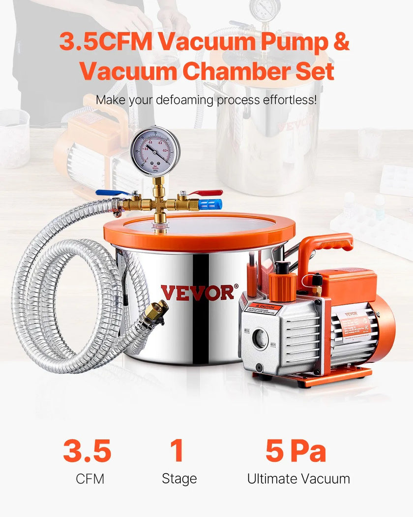 VEVOR 1.5 Gallon Vacuum Chamber 3.5CFM Single Stage Pump Degassing Chamber Kit