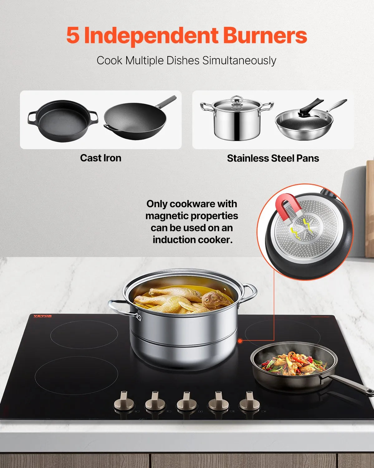 VEVOR 9200W 5 Burner Induction Cooktop Electric Countertop Burner Knob Control
