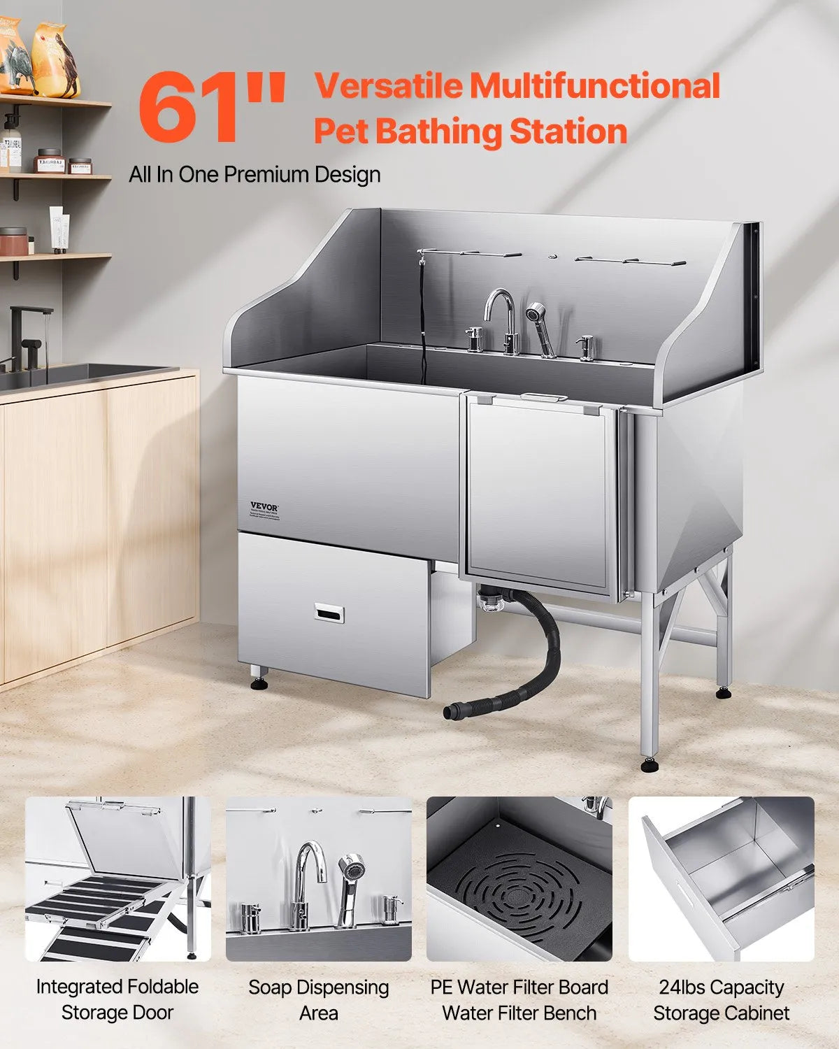 VEVOR 61 Inch Dog Grooming Bath Tub Stainless Steel w Ramp Water Filter