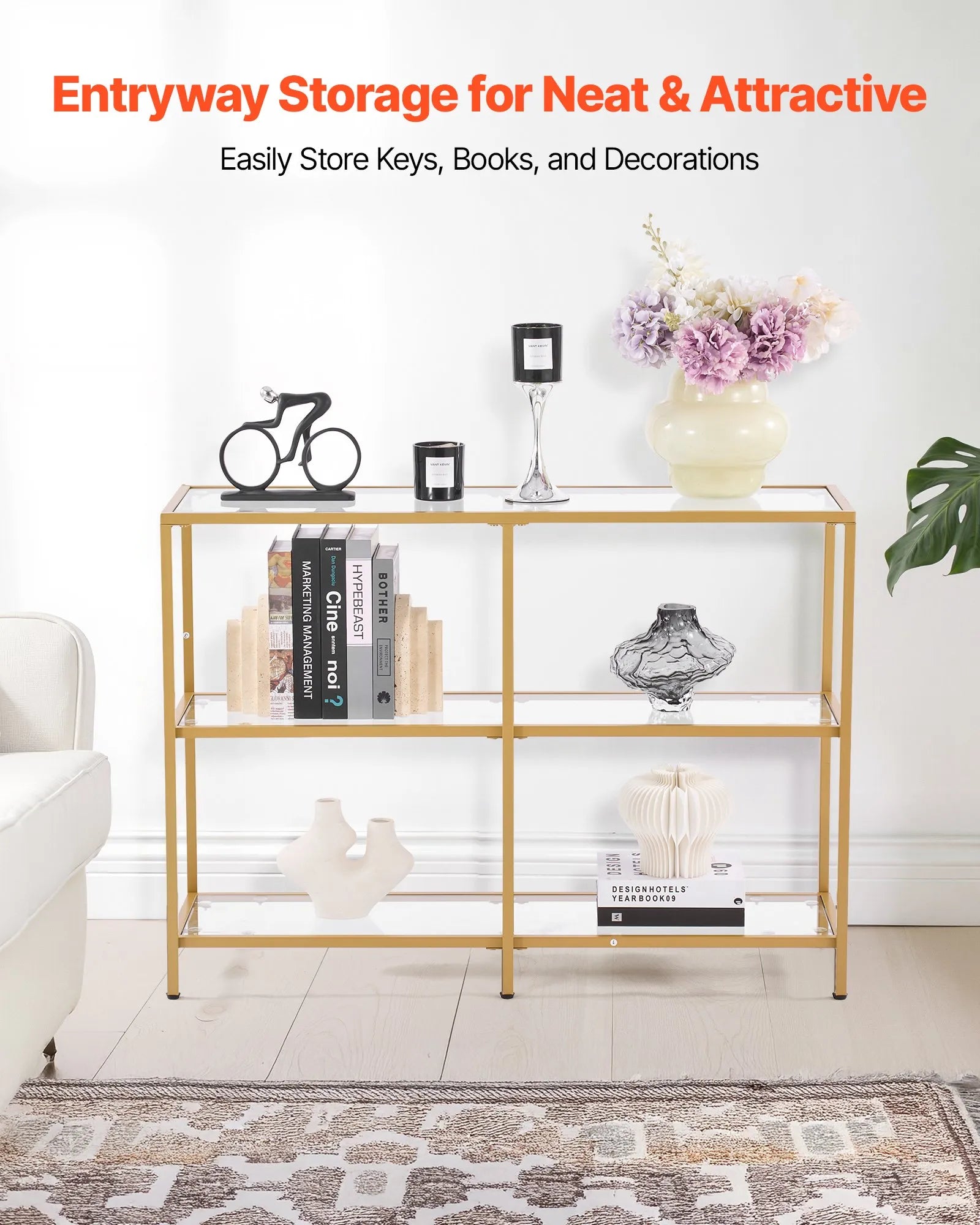 VEVOR 3-Tier Glass Console Table Rectangle Sofa Side Table with Anti-Tip Golden
