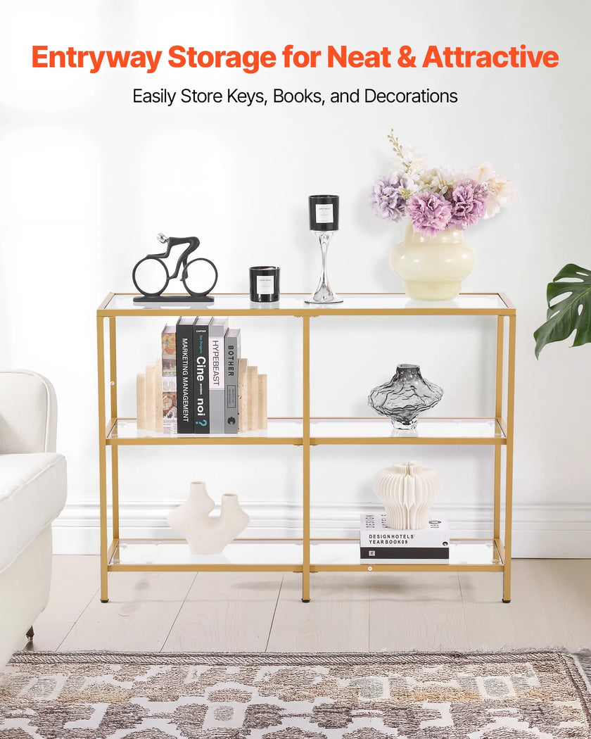 VEVOR 3-Tier Glass Console Table Rectangle Sofa Side Table with Anti-Tip Golden