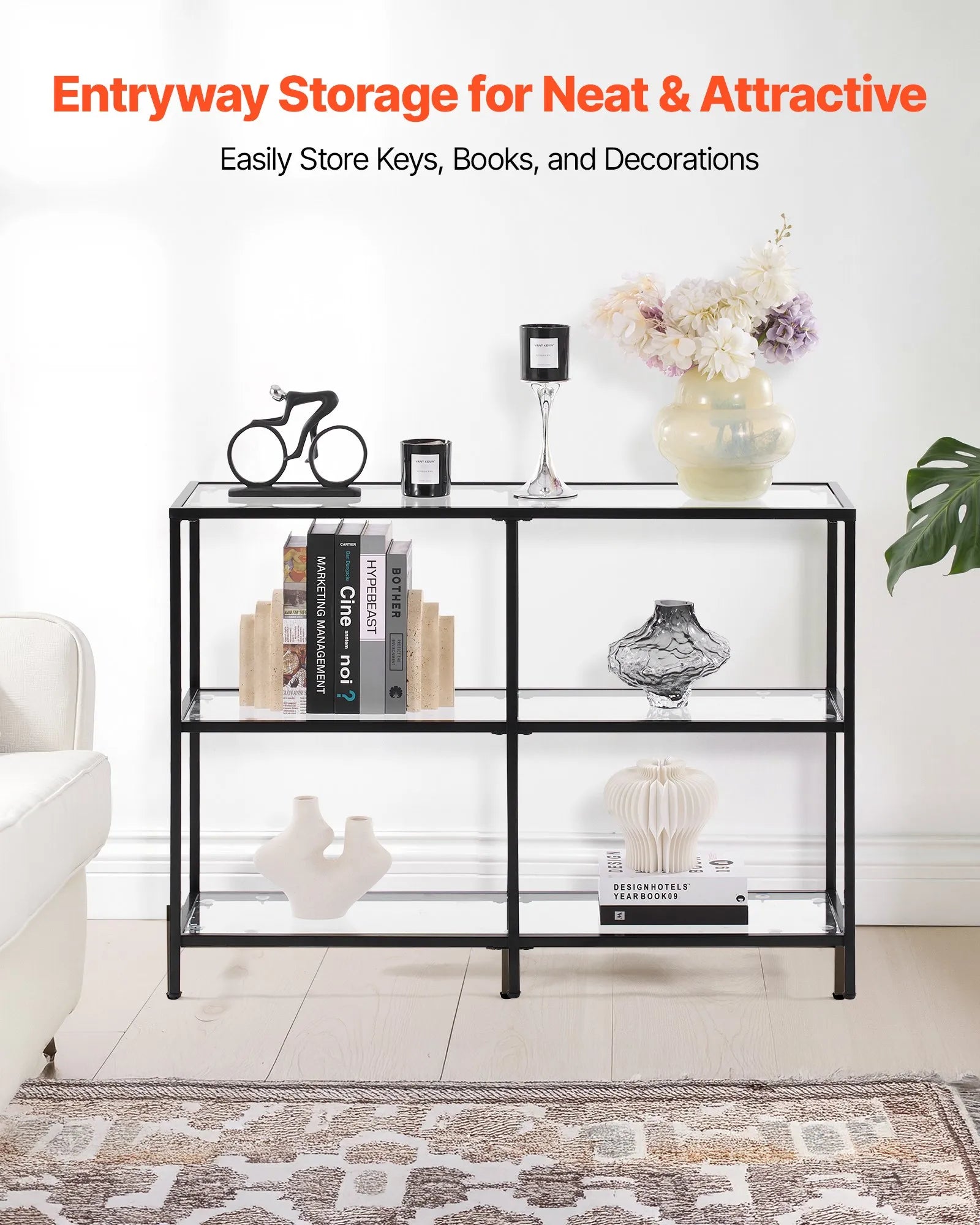 VEVOR 3-Tier Glass Console Table Rectangle Sofa Side Table with Anti-Tip Black