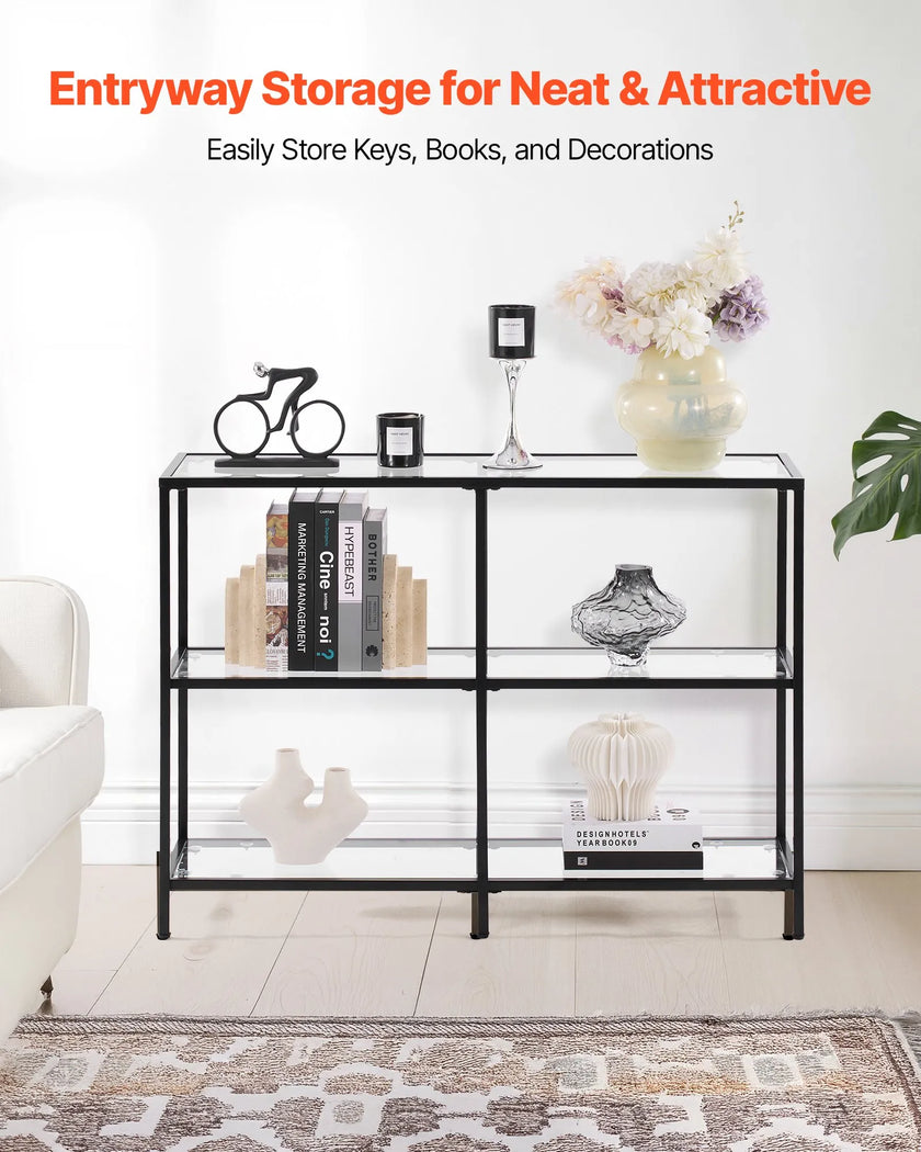 VEVOR 3-Tier Glass Console Table Rectangle Sofa Side Table with Anti-Tip Black