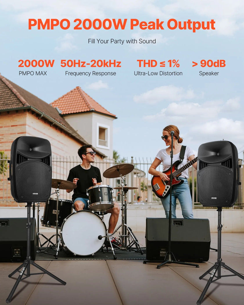 VEVOR 2 X 15 in Speakers Portable PA System 2000W Mixer Bluetooth Mic for DJ