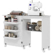 Sewing Machine Cabinet, Folding Sewing Table with Storage Shelf, Bins and Lockable Wheels for Small Space, White