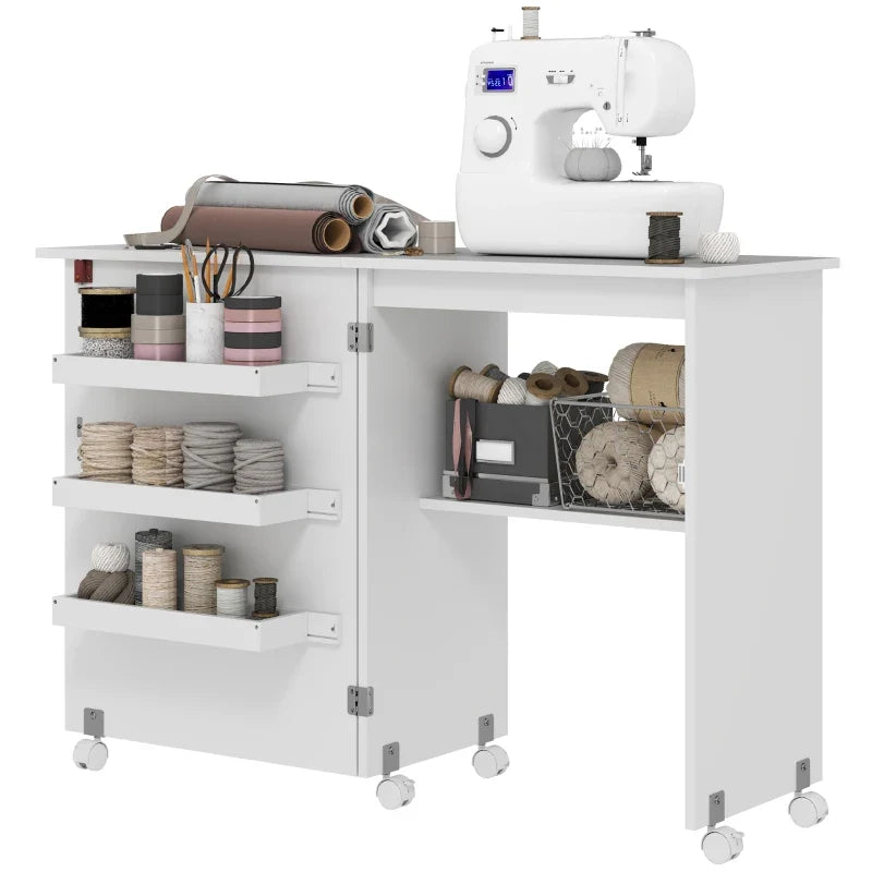 Sewing Machine Cabinet, Folding Sewing Table with Storage Shelf, Bins and Lockable Wheels for Small Space, White