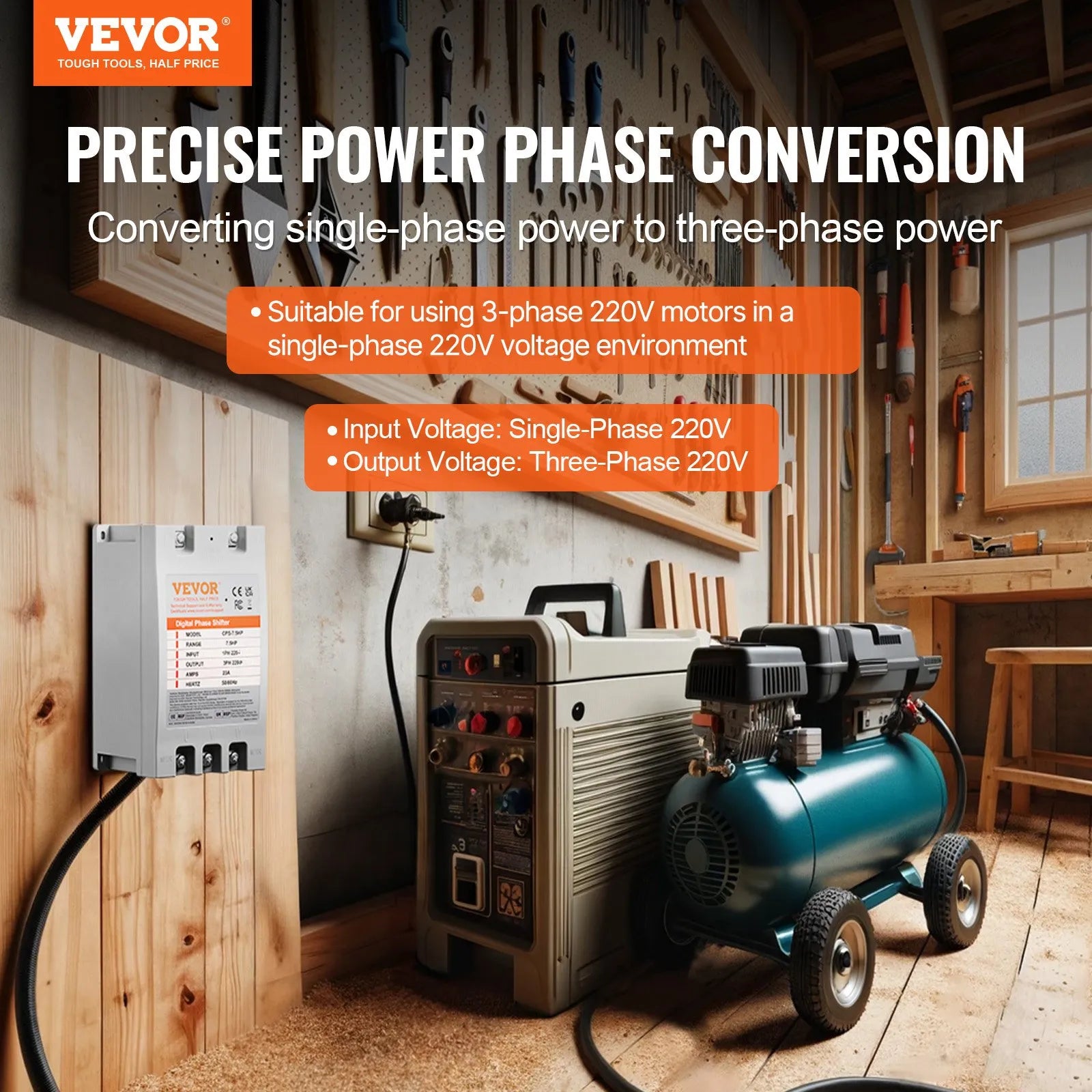 VEVOR 3 Phase Converter - 7.5HP 23A 220V Single Phase to 3 Phase Converter, Digital Phase Shifter for Residential and Light Commercial Use, 220V-240V Input/Output (One Converter for One Motor Only)
