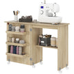 Sewing Machine Cabinet, Folding Sewing Table with Storage Shelf, Bins and Lockable Wheels for Small Space, Nature Wood