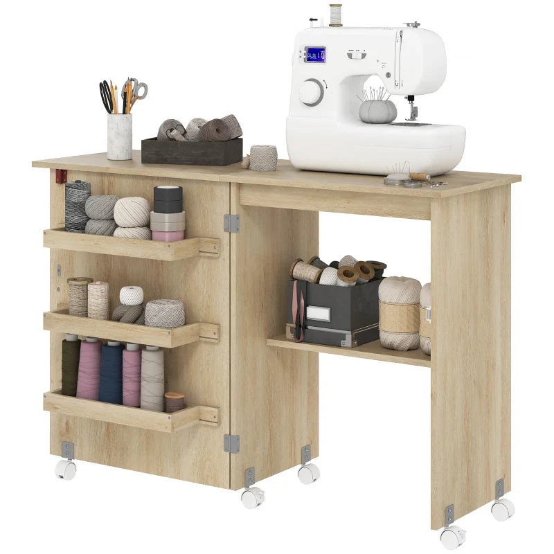 Sewing Machine Cabinet, Folding Sewing Table with Storage Shelf, Bins and Lockable Wheels for Small Space, Nature Wood
