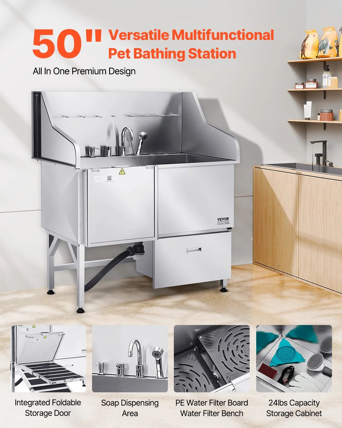 VEVOR 50 Inch Dog Grooming Bath Tub Stainless Steel w Ramp Faucet Left Door