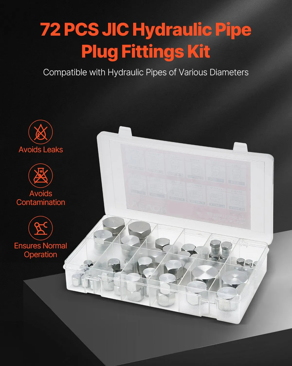VEVOR 72 PCS Hydraulic Fittings 37° JIC Hydraulic Hose Cap and Plug Kit