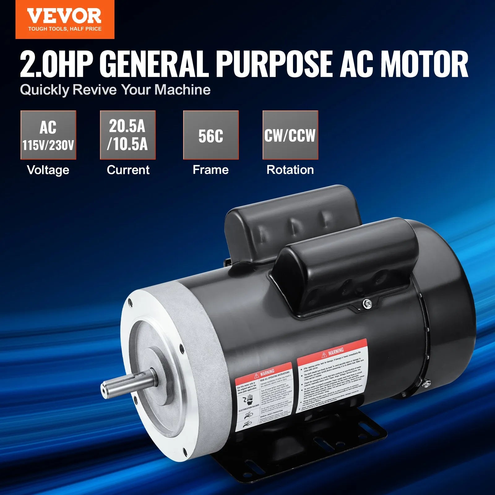 VEVOR 2HP Electric Motor 1725RPM AC 115V/230V 56C Frame 1-Phase 5/8