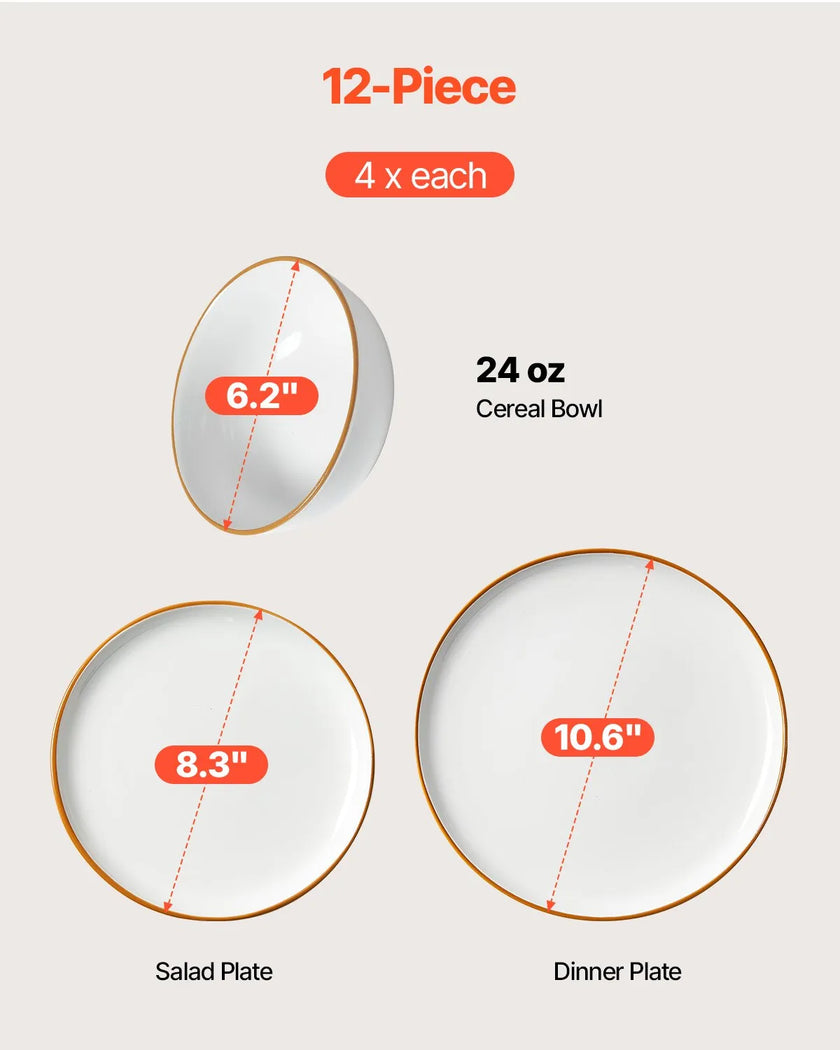 VEVOR 12 PCS Dinnerware Set Ceramic Plates and Bowls Sets Service for 4 White