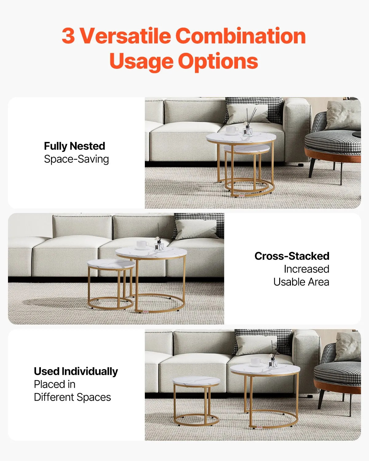 VEVOR Nesting Coffee Table Set of 2 Round Coffee Table 23.6 in (White & Gold)