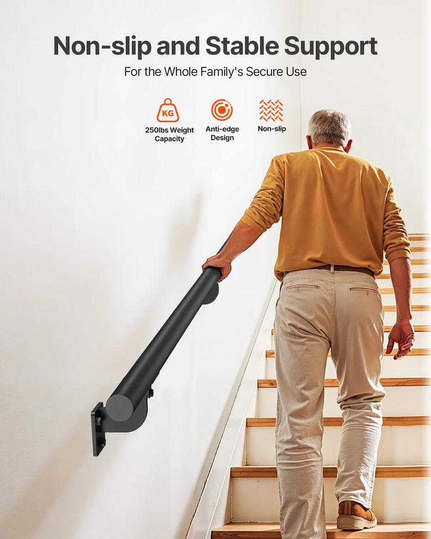 VEVOR 6ft Wall Mounted Stair Handrail Black Aluminum Indoor Outdoor Railing