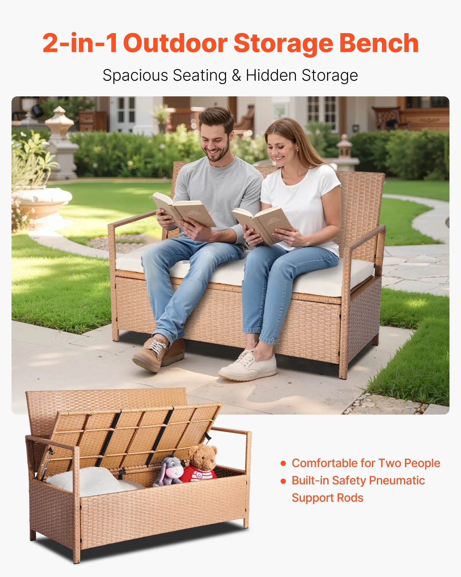 VEVOR Outdoor Storage Bench PE Rattan 70 Gal Deck Box Waterproof Outdoor Seat