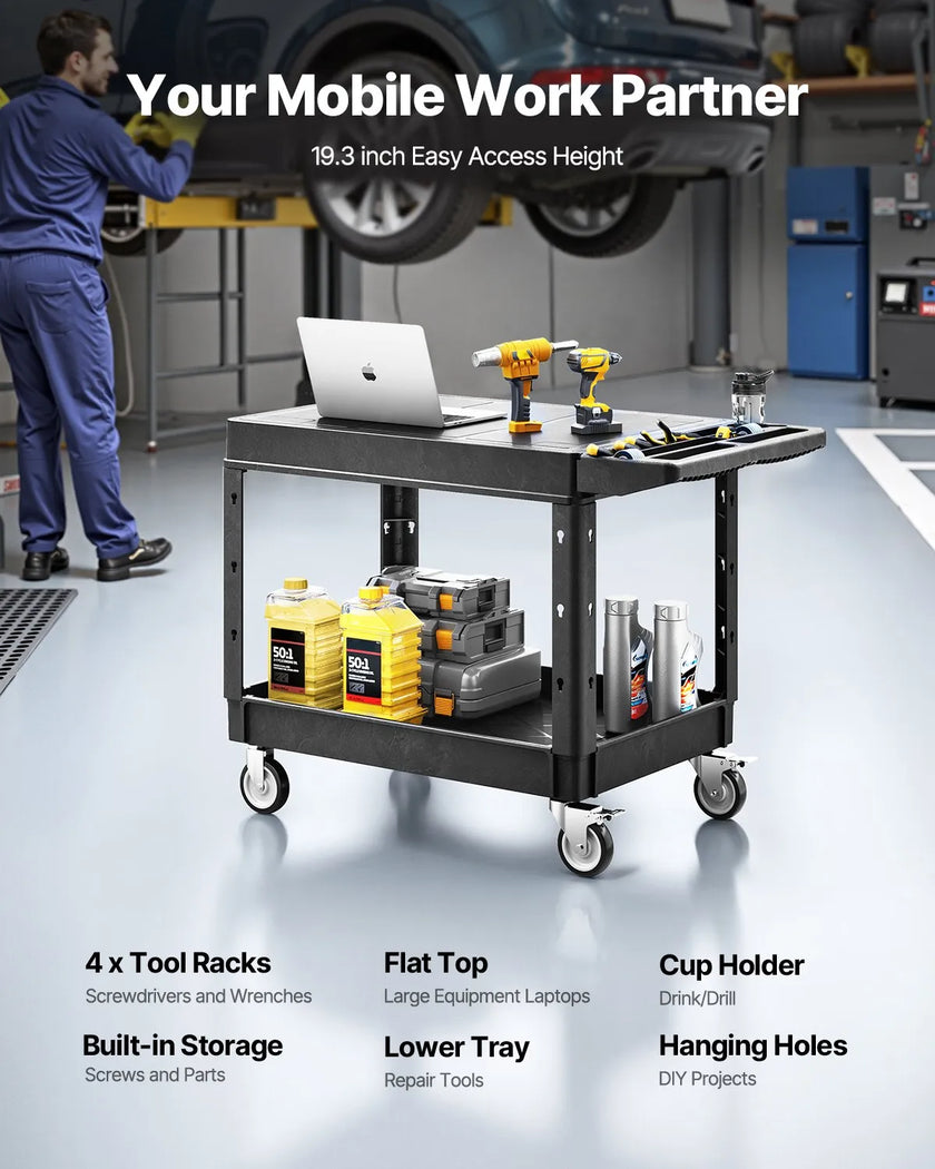 VEVOR 2-shelf Utility Cart 550 lbs 37 x 25.4-inch Service Cart with Wheels