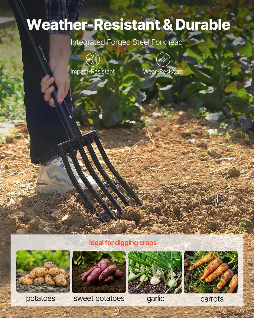 VEVOR 5 Tines Garden Fork Metal Handle 41 in Spading Pitchfork Y Grip Heavy Duty
