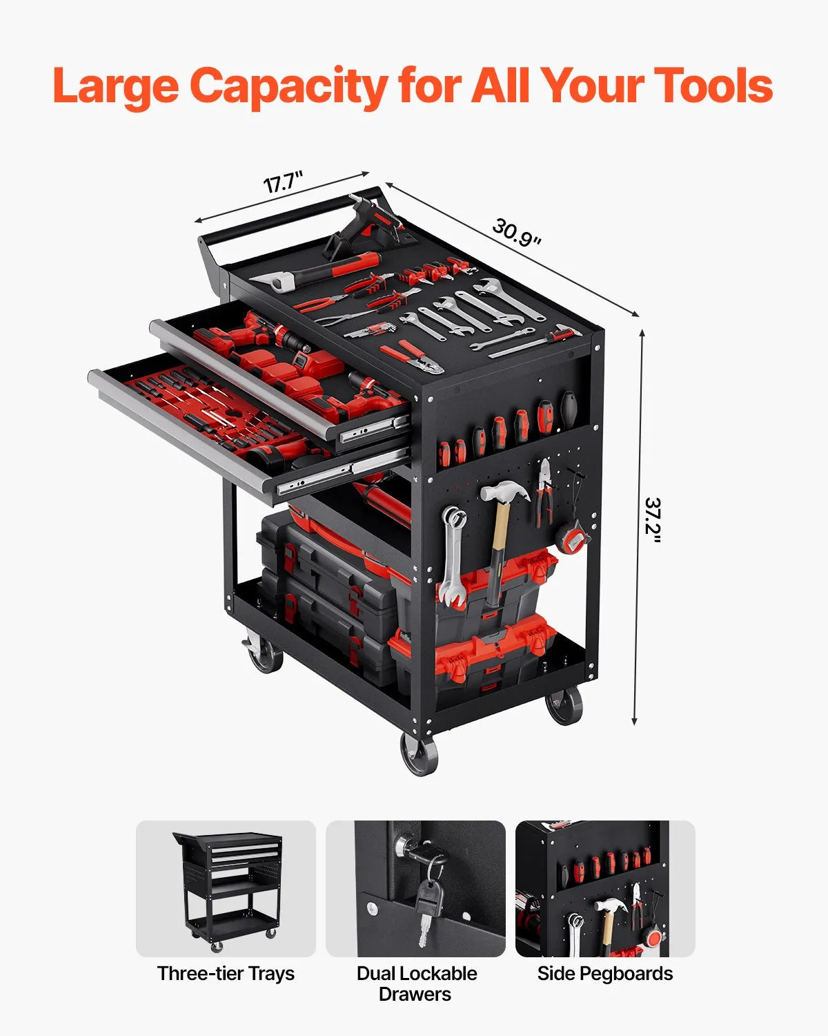VEVOR 5-Tier Tool Cart on Wheels 400 lb Rolling Work Cart with Drawer & Pegboard