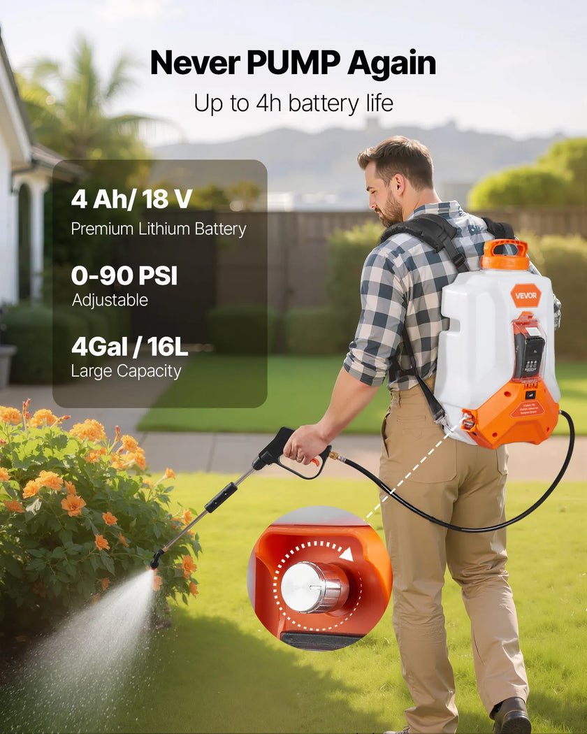 VEVOR 4 Gal Battery Powered Backpack Sprayer 0-90 PSI 4H Runtime for Yard Lawn