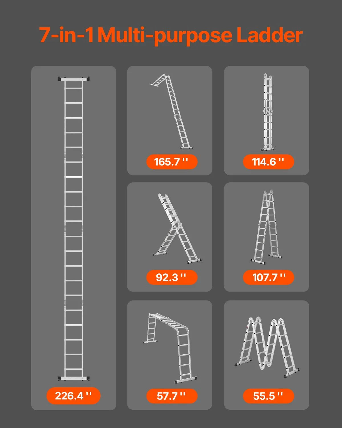 VEVOR Multi-Purpose Folding Ladder 7-in-1 5 Step 19ft Reach Height Metal